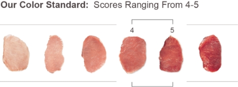 A chart depicting the pork color standard scores, highlighting Chairman’s Reserve Prime® Pork scoring in the 4-5 range