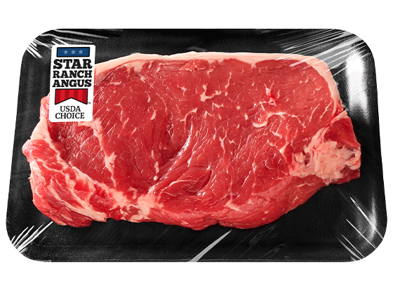 USDA Choice grade raw steak packaged on a black tray with clear plastic wrapping