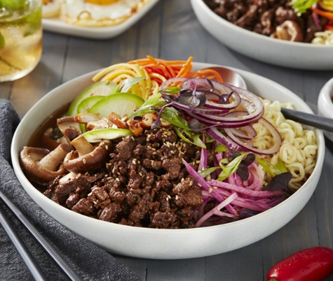Beef ramen bowl with fresh and pickled vegetables