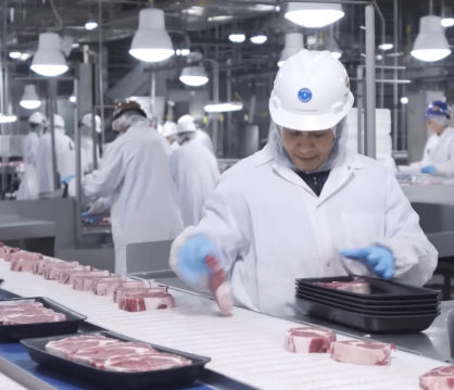 Production facility worker in personal protective equipment while handling raw meat